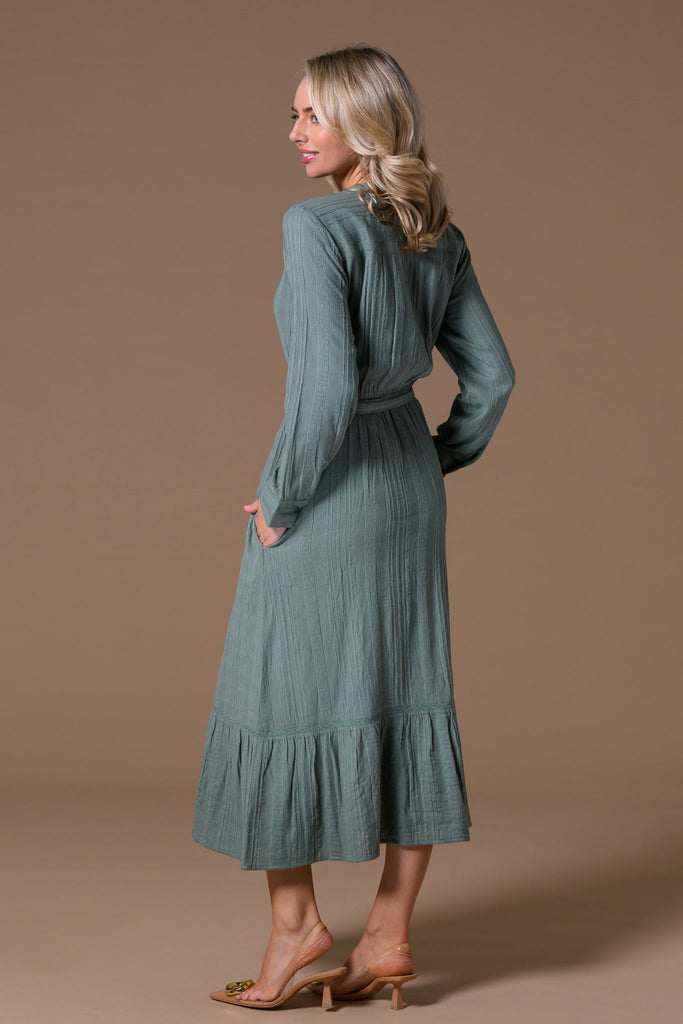 Cotton Dobby Long Sleeve Dress-Dresses-Paco