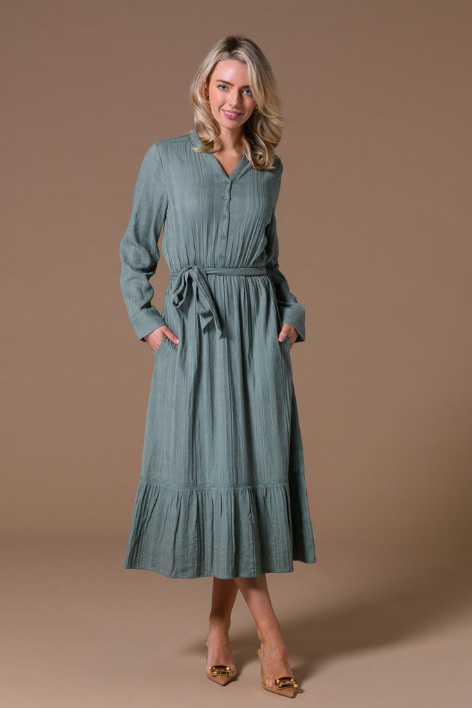 Cotton Dobby Long Sleeve Dress-Dresses-Paco