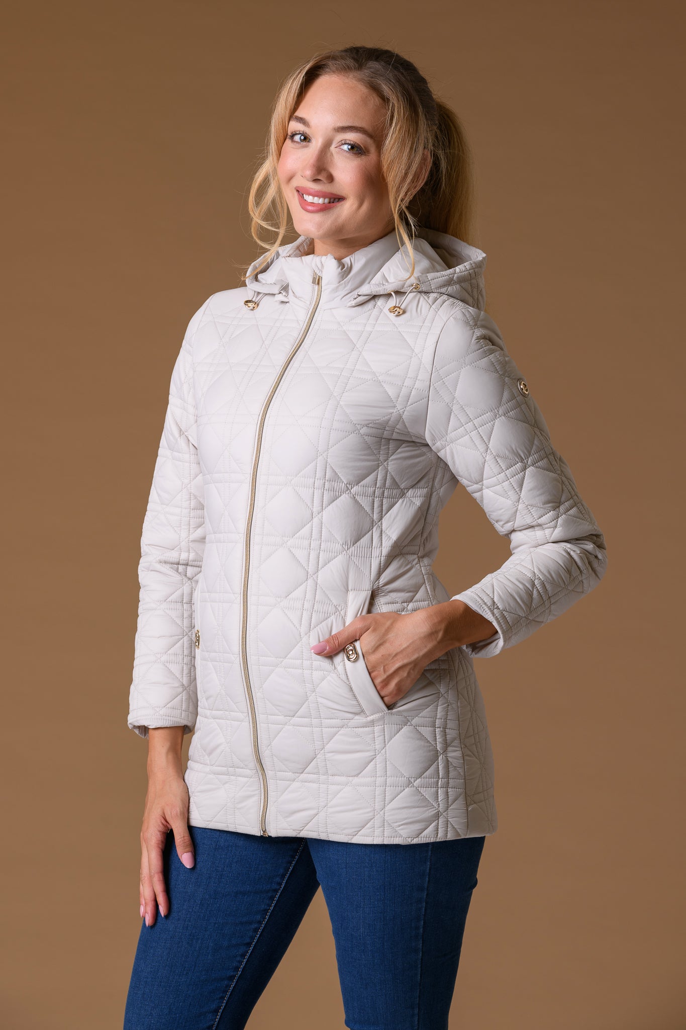 Designer Diamond Quilt Jacket - Beige-Jacket-Paco