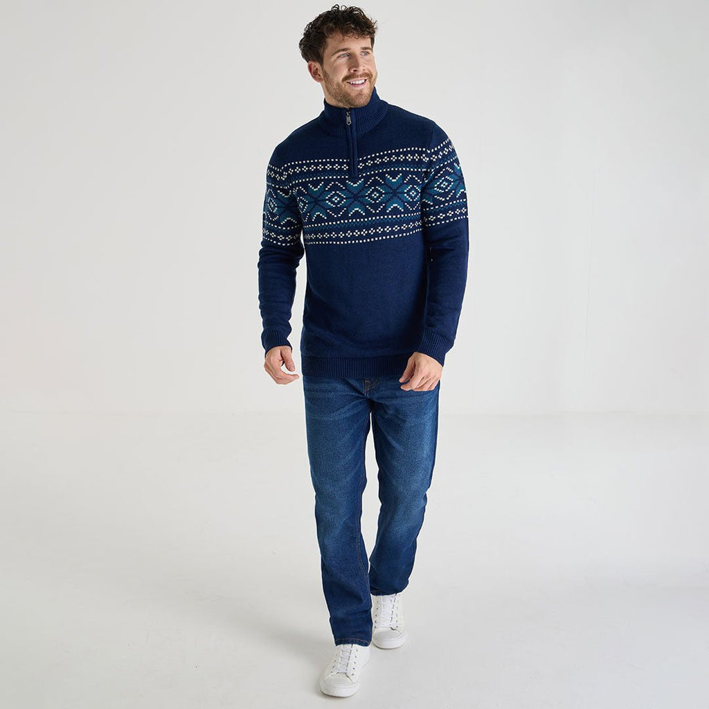 1/4 Zip Fair Isle Jumper - Navy-Menswear-Paco