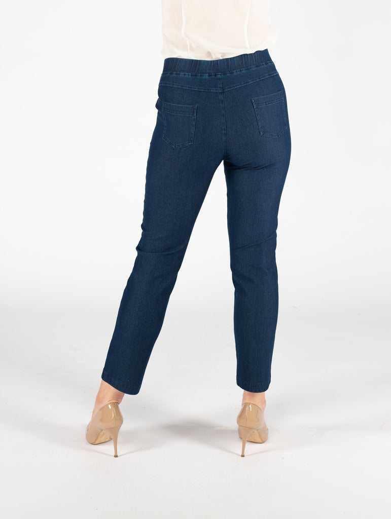 27" Leg Denim Trouser With Metal Trim Pocket - T29808 - Dark Blue-Trousers-Paco