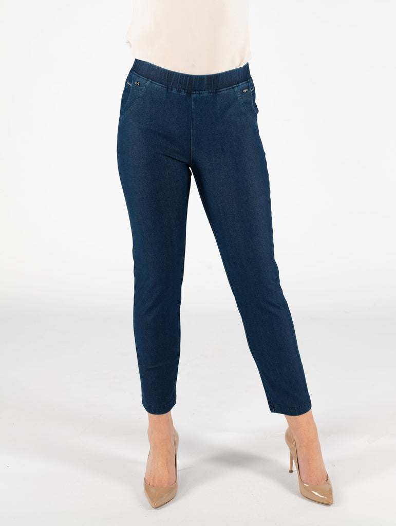 27" Leg Denim Trouser With Metal Trim Pocket - T29808 - Dark Blue-Trousers-Paco