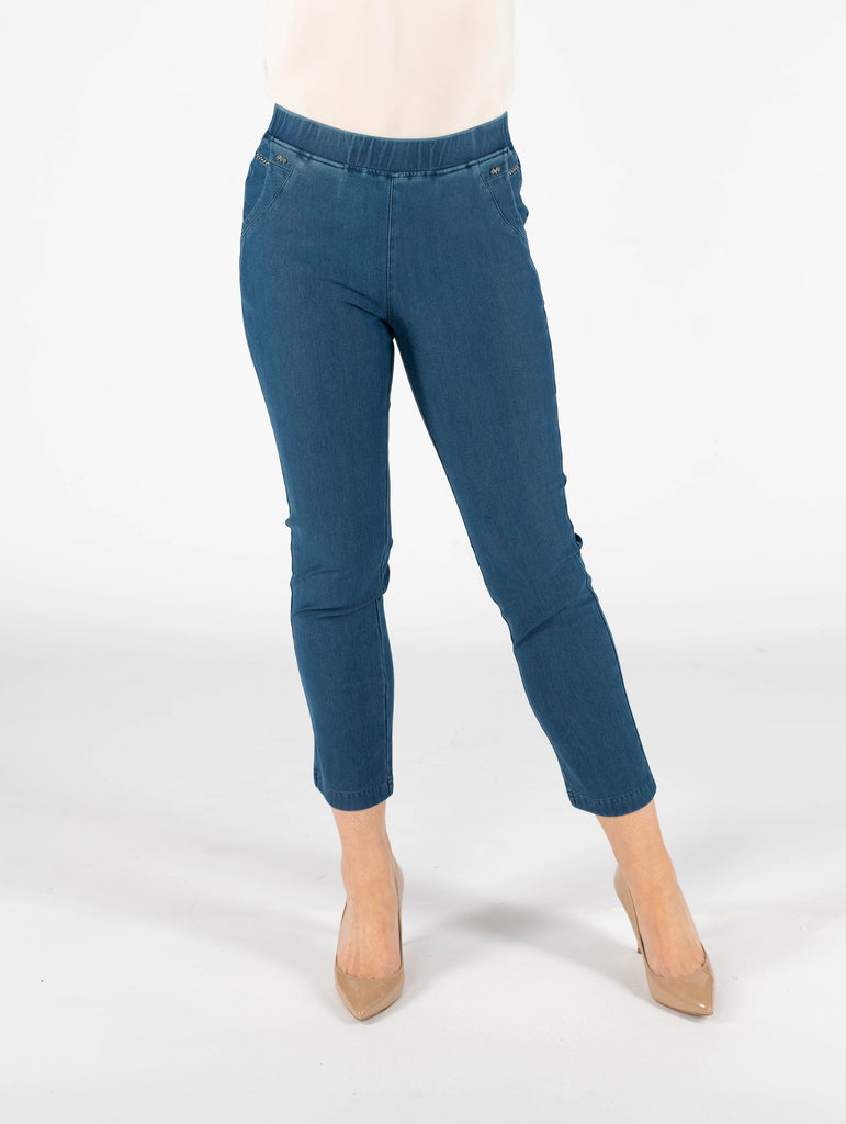 27" Leg Denim Trouser With Metal Trim Pocket - T29808 - Mid Blue-Trousers-Paco