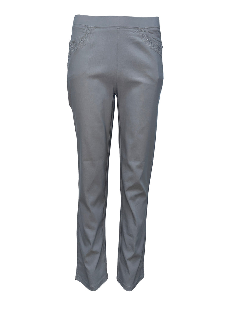 29" Leg Embroidery Detail Pocket Trouser - Silver-Trousers-Paco