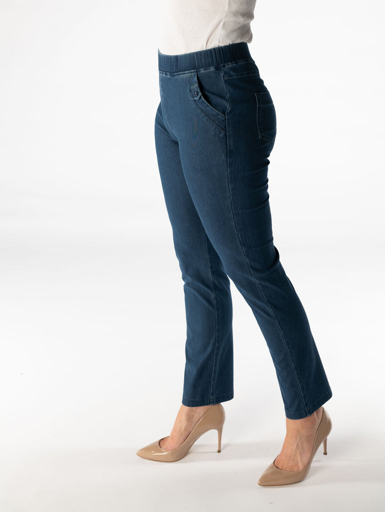 27" denim trouser with metal trim pocket- Dark Blue-Trousers-Paco