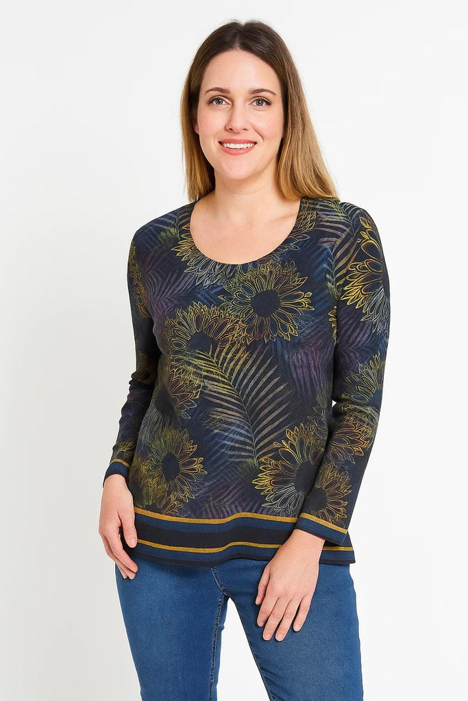 ABSTRACT RPINT ROUND NECK TOP LONG SLEEV BLACK MULTI TO30368-Knitwear-Paco