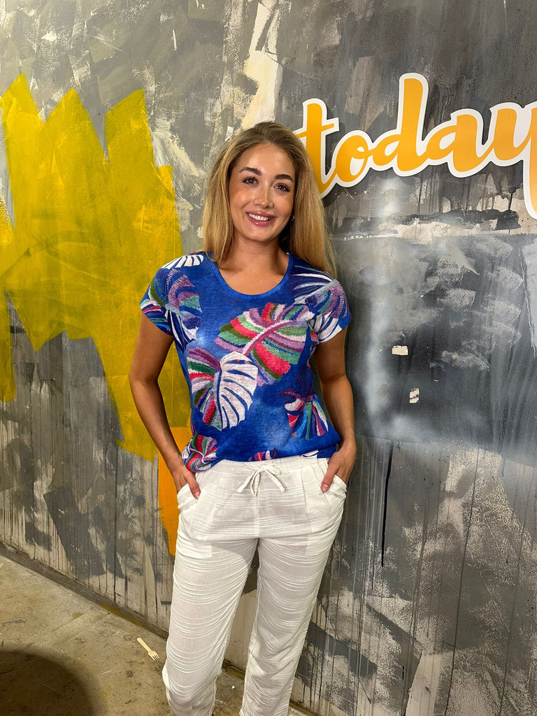Abstract Palm Print Top - Cobalt-Casualwear-Paco