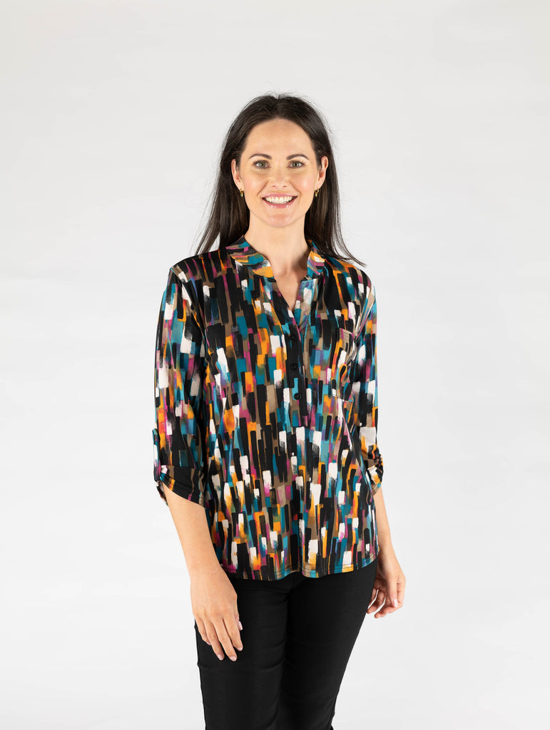 Abstract Print top with button placket-Tops-Paco