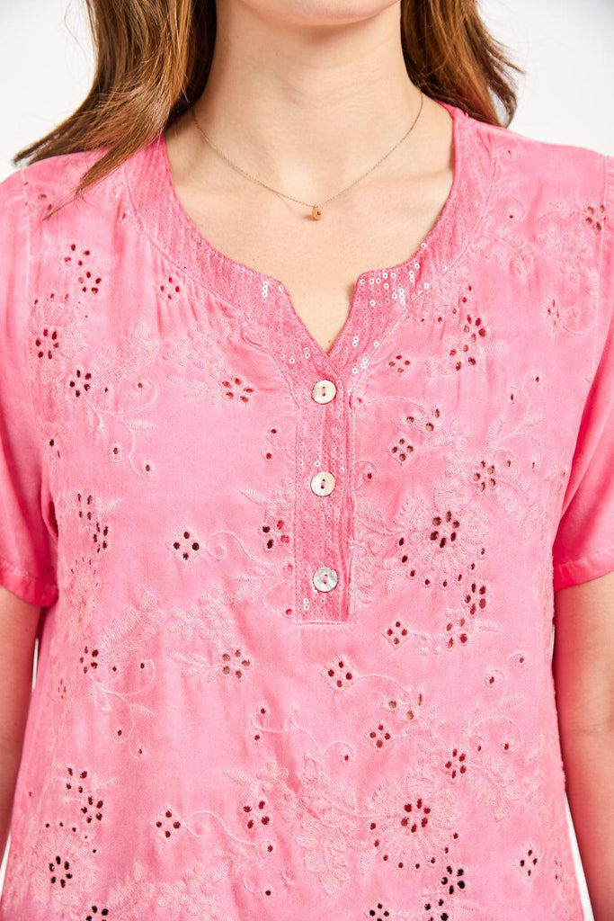 Acid Wash Embroidered Top - Pink-Tops-Paco