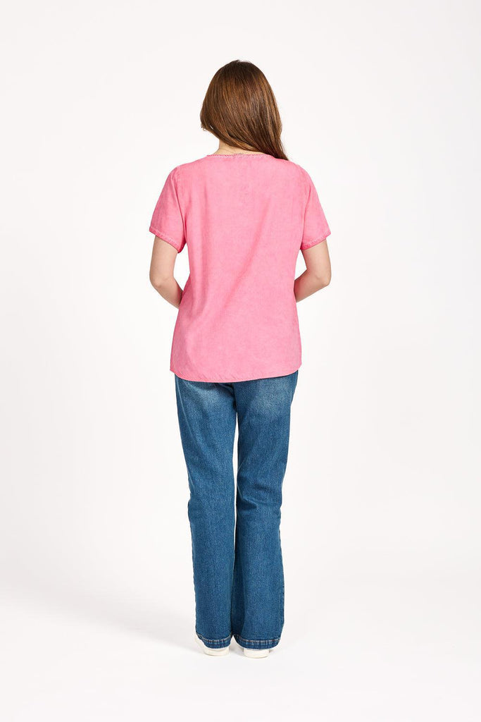 Acid Wash Embroidered Top - Pink-Tops-Paco