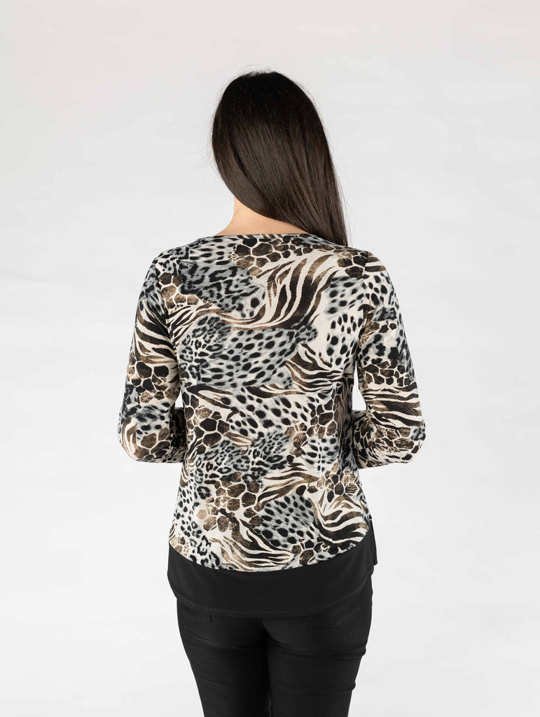 Animal Print Top with Contrast Hem-Tops-Paco