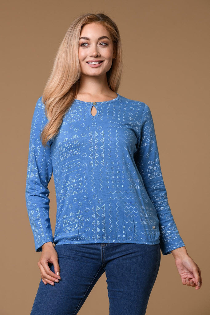 Aztec Bubble Hem Tee -Blue/White-Tops-Paco