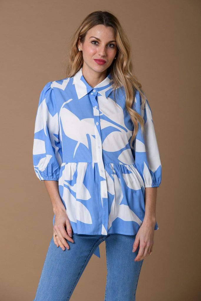 Balloon Sleeve Belt Blouse - T516917 Blue/White-Casualwear-Paco