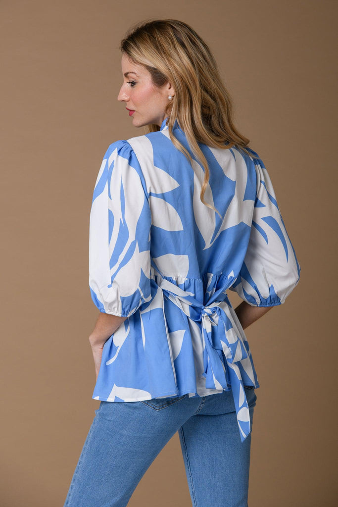 Balloon Sleeve Belt Blouse - T516917 Blue/White-Casualwear-Paco