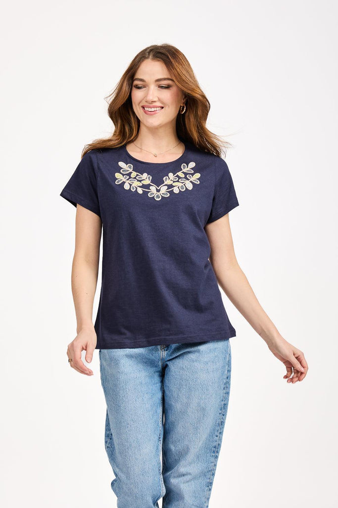 Beaded Floral Top - Navy-T Shirts-Paco