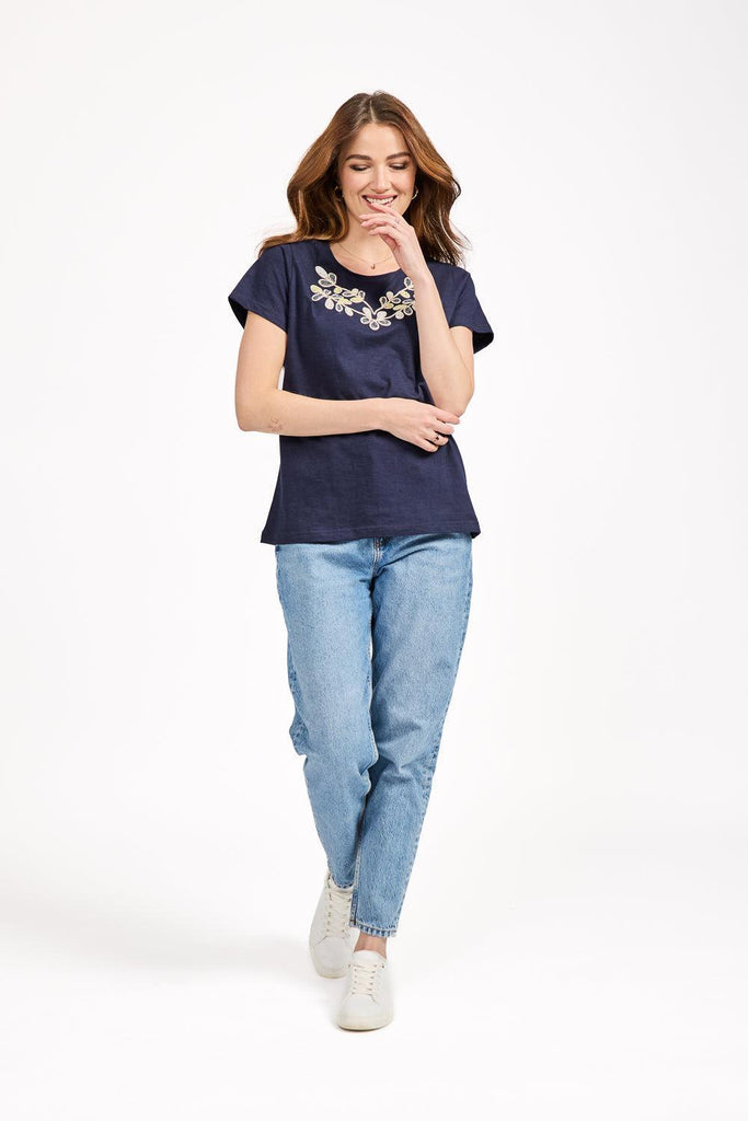 Beaded Floral Top - Navy-T Shirts-Paco