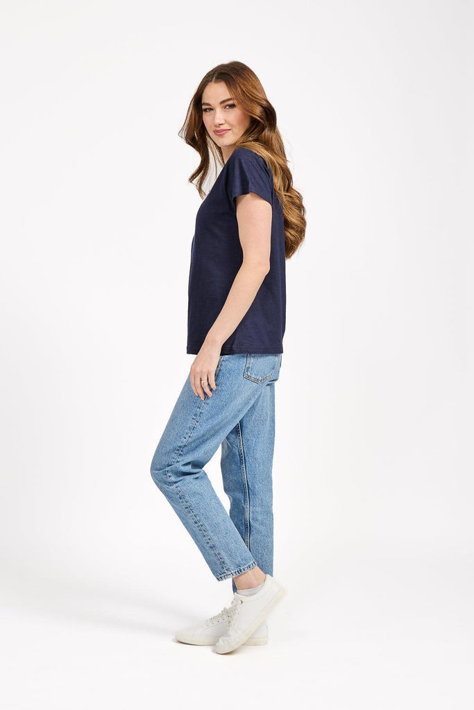 Beaded Floral Top - Navy-T Shirts-Paco