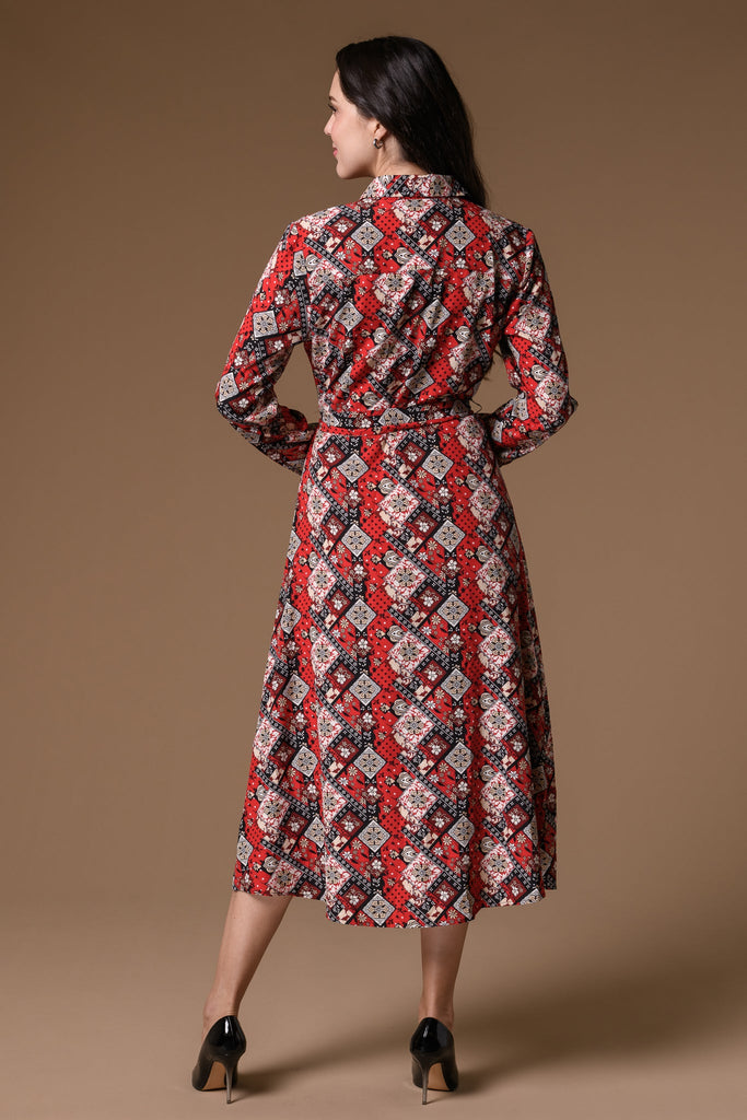 Belted Tile Print Maxi Dress- Red-Dresses-Paco