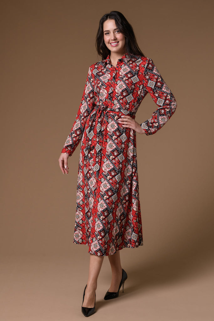 Belted Tile Print Maxi Dress- Red-Dresses-Paco