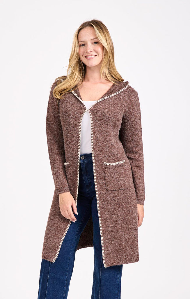 Blanket Stitch Cardigan with Hood- Brown-Cardigans-Paco