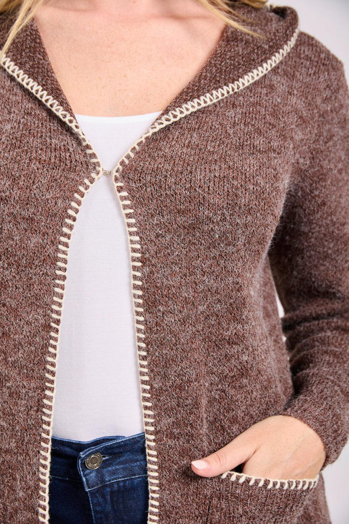 Blanket Stitch Cardigan with Hood- Brown-Cardigans-Paco