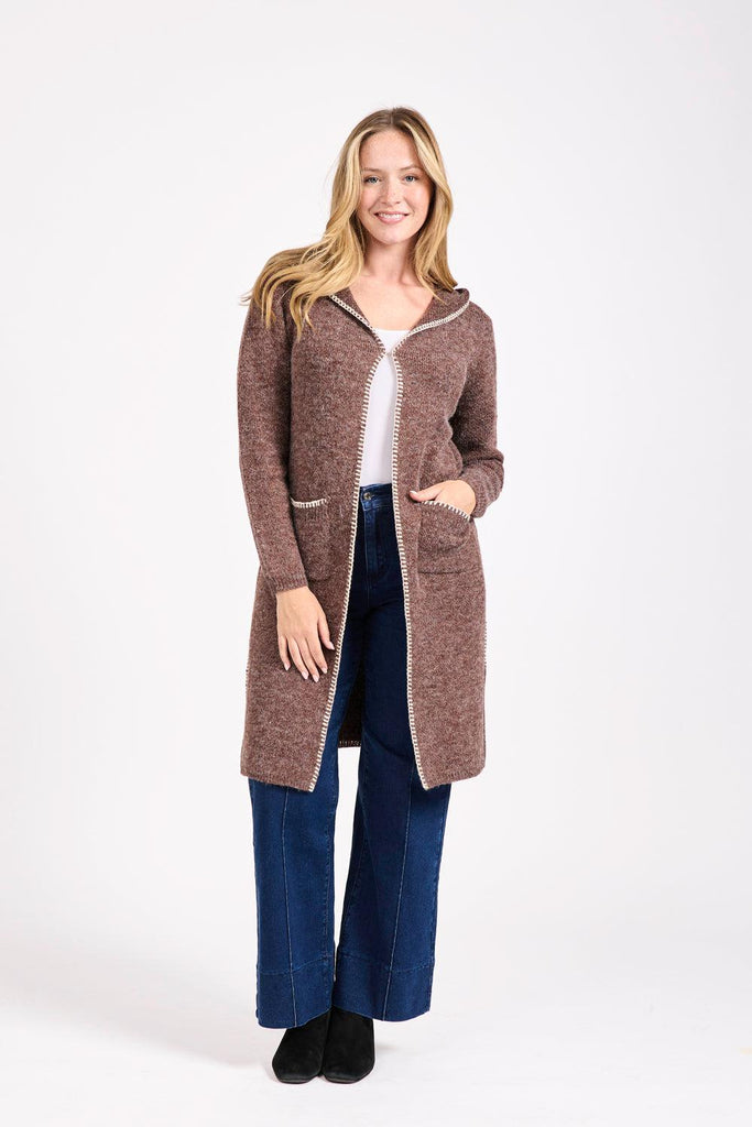 Blanket Stitch Cardigan with Hood- Brown-Cardigans-Paco