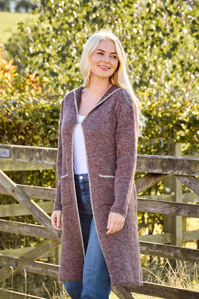 Blanket Stitch Cardigan with Hood- Brown-Cardigans-Paco