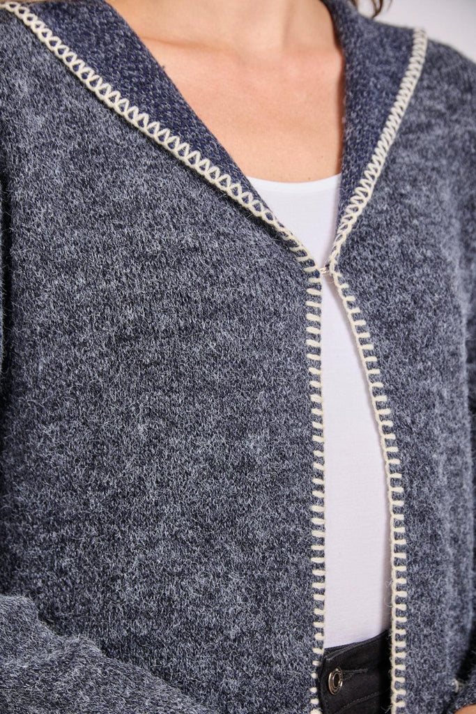 Blanket Stitch Cardigan with hood- Denim-Cardigans-Paco