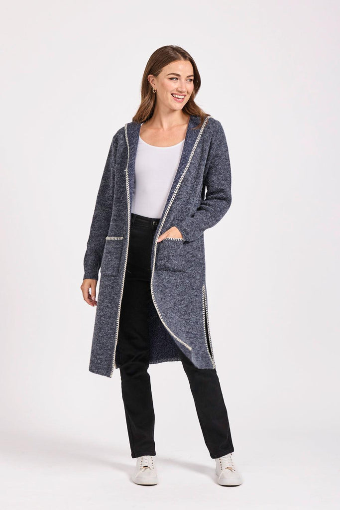 Blanket Stitch Cardigan with hood- Denim-Cardigans-Paco