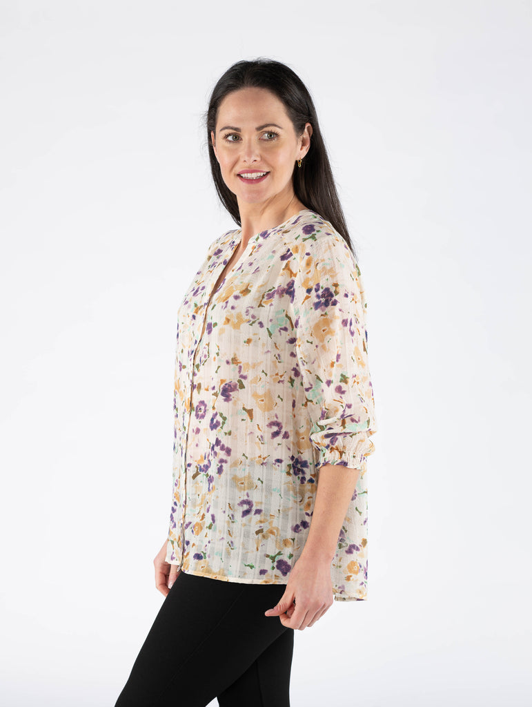 Blouse With Elasticated Cuff - Ivory Mutli-Tops-Paco