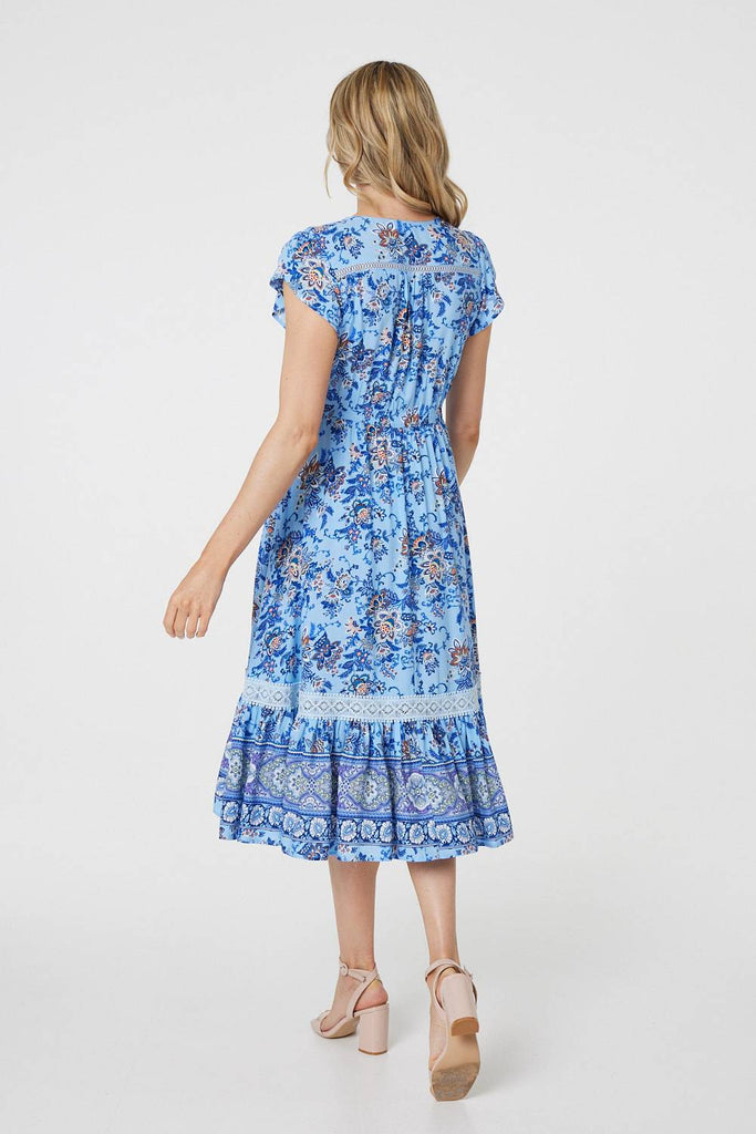 Blue Print Cap Sleeve Dress - Blue D171823-Dresses-Paco