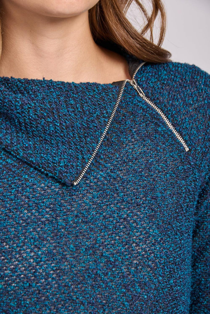 Boucle Zip Neck Top-Teal-Tops-Paco