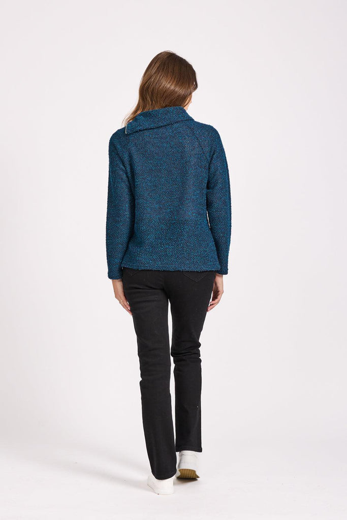 Boucle Zip Neck Top-Teal-Tops-Paco