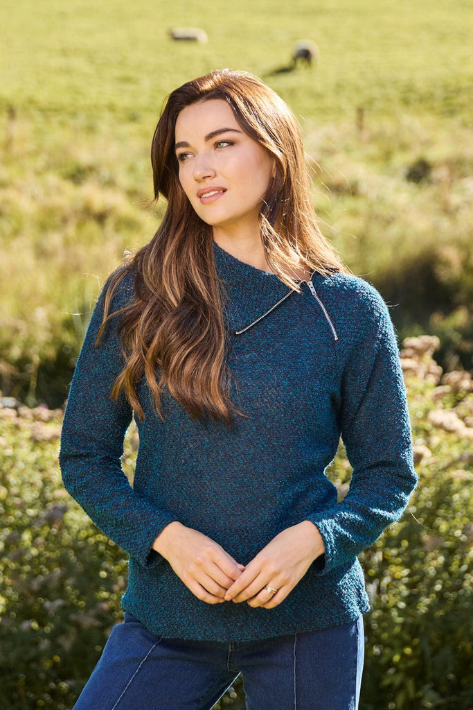 Boucle Zip Neck Top-Teal-Tops-Paco