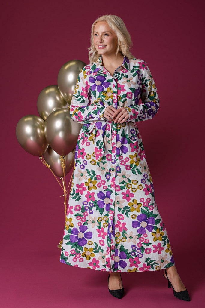 Bright Flower Maxi Shirt Dress-Dresses-Paco