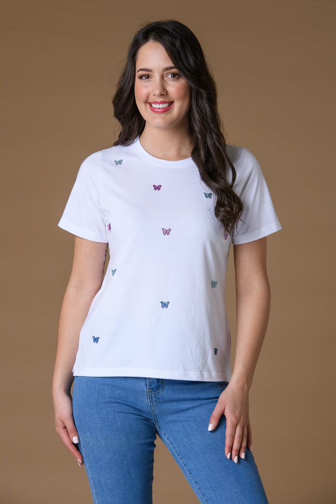 Butterfly Embellished Tee - White-Casualwear-Paco