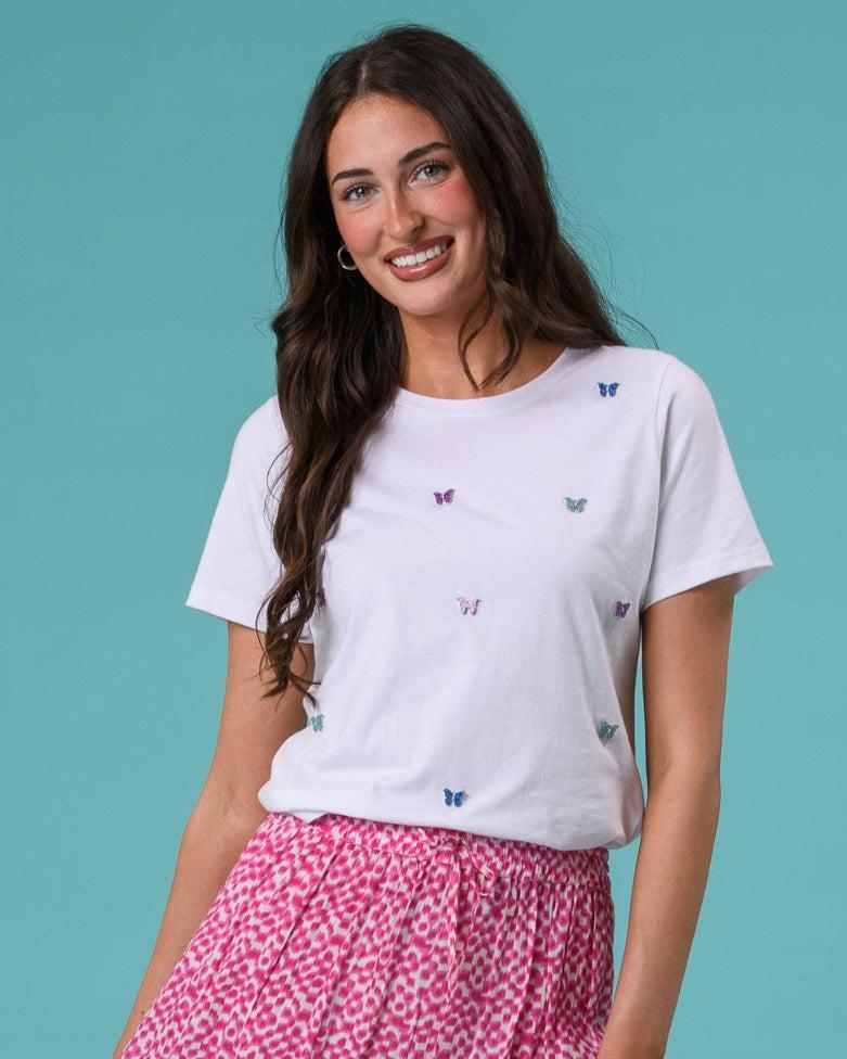 Butterfly Embellished Tee - White-Casualwear-Paco