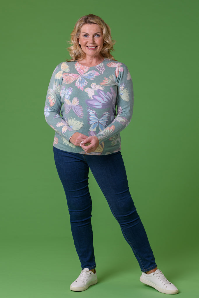 Butterfly Print Sweater KP173966 GREEN-Knitwear-Paco