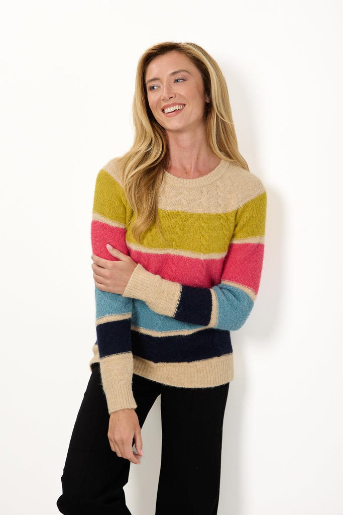 Cable-Knit Colour Block Jumper Blue SU-25MF-657-Knitwear-Paco