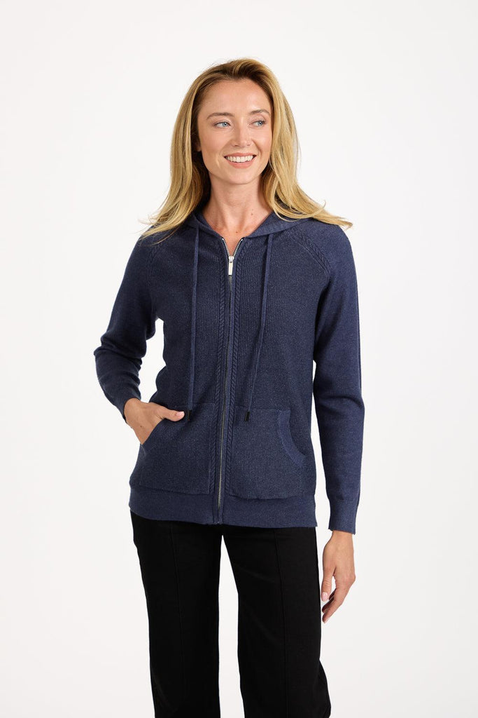 Cable-knit Zip Hooded Cardigan NAVY SU-25MF-653-Knitwear-Paco