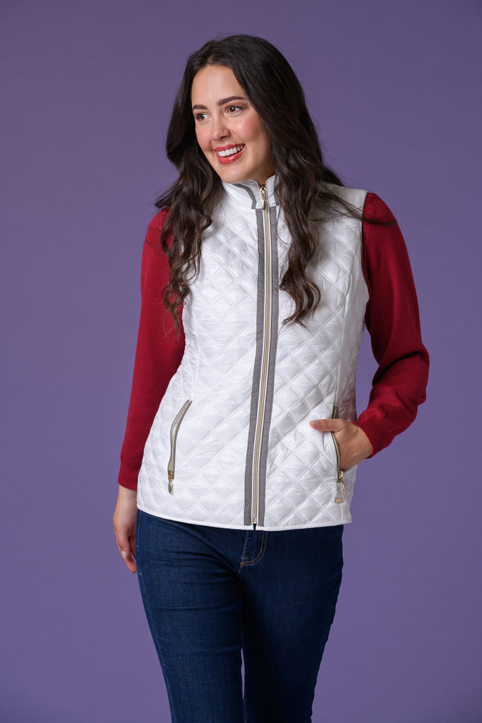 Contrast Trim Gilet - White-Gilets-Paco