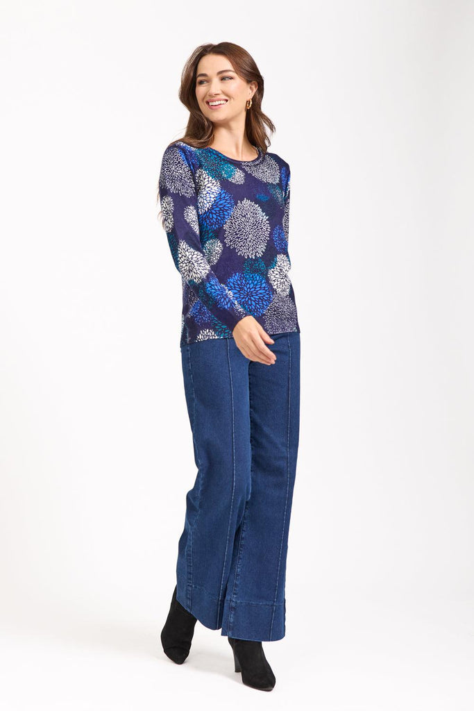 Dahlia Print Jumper Blue-Knitwear-Paco