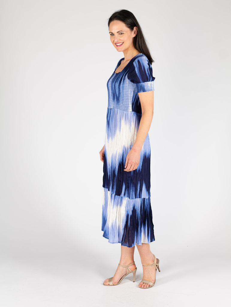 Denim Print Square Neck Crinkle Dress - D29901 Denim-Dresses-Paco