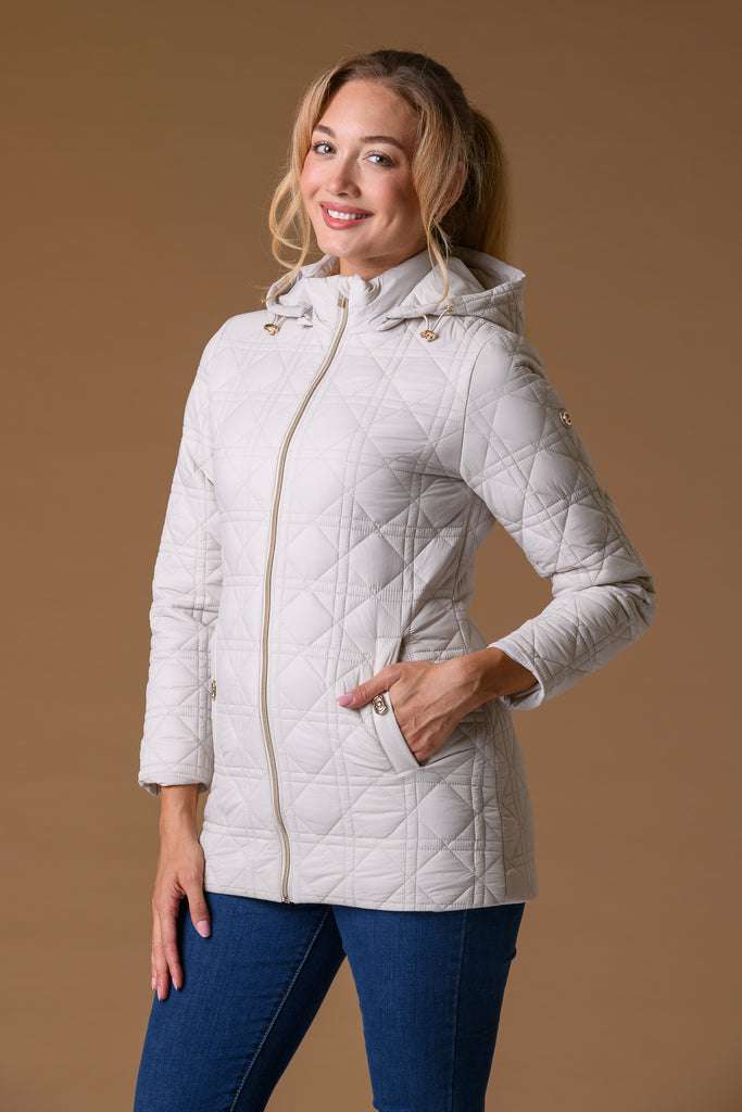 Designer Diamond Quilt Jacket - Beige-Jacket-Paco