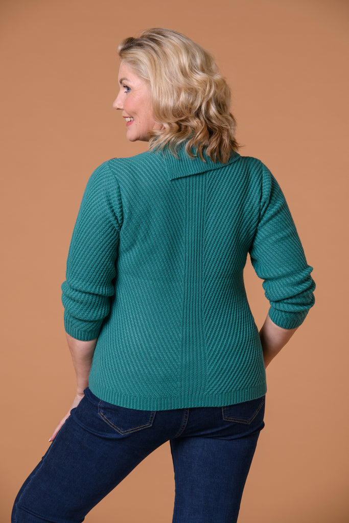 Diagonal Cowl Neck Sweater-Teal-Knitwear-Paco