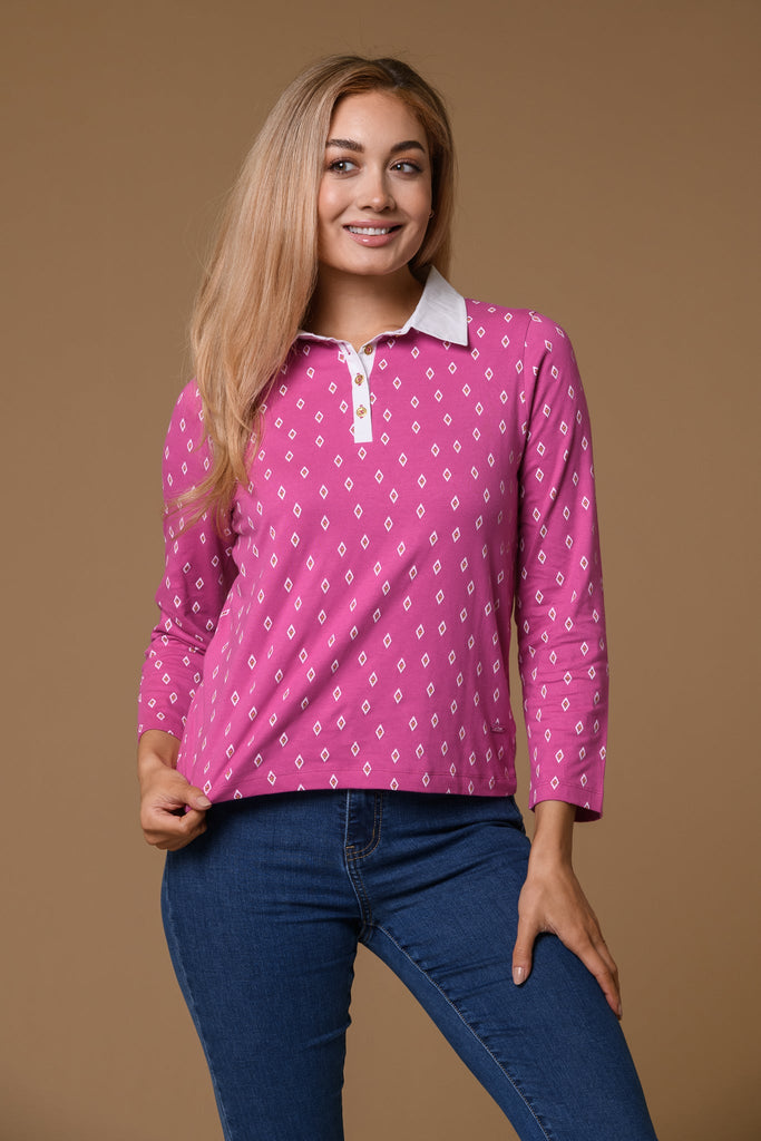 Diamond Print Collar Tee- Pink-Tops-Paco