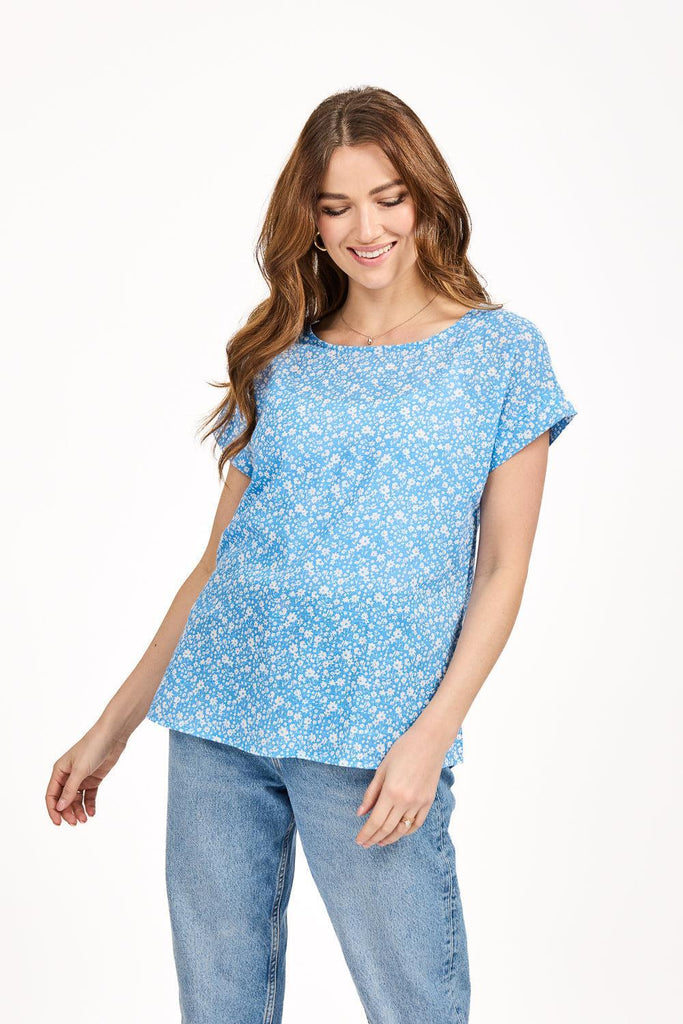 Ditsy Floral Print Top - Blue-Tops-Paco