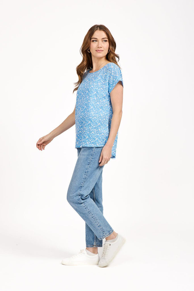 Ditsy Floral Print Top - Blue-Tops-Paco