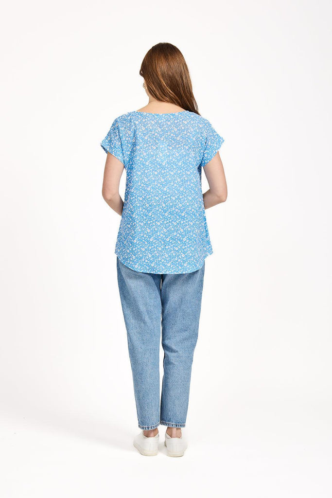 Ditsy Floral Print Top - Blue-Tops-Paco
