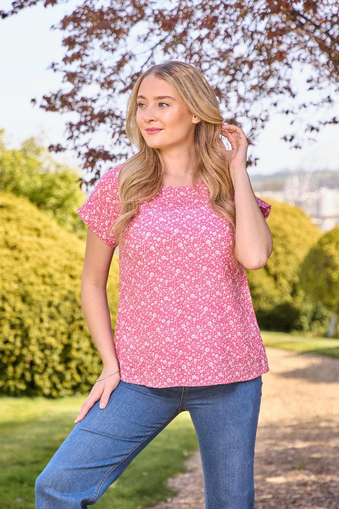 Ditsy Floral Print Top - Pink-Tops-Paco